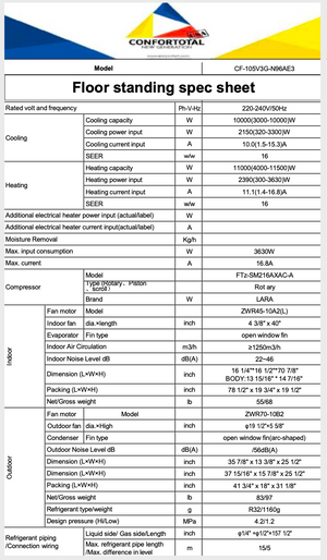 36,000 BTU R32 FLOOR STANDING AIR CONDITIONER 240V 50HZ COOLING AND HEATING