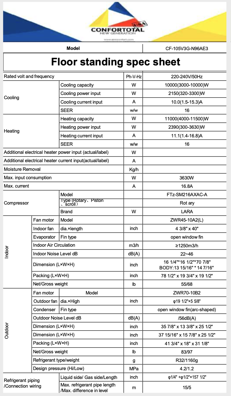 36,000 BTU R32 FLOOR STANDING AIR CONDITIONER 240V 50HZ COOLING AND HEATING