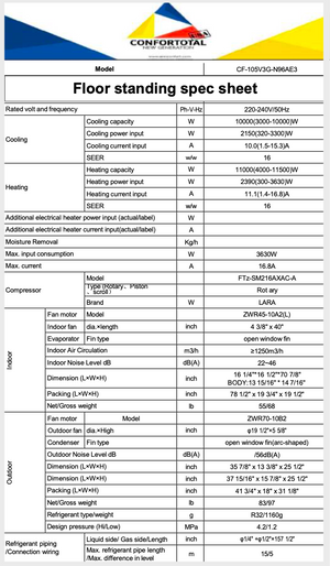 36,000BTU R32 FLOOR STANDING AIR CONDITIONER 240V 50HZ COOLING AND HEATING